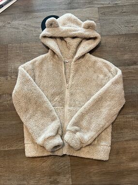 Sherpa Zip-Up Hoodie Jacket with Bear Ears - Cream